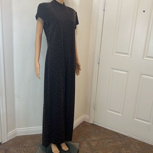 Summer Nites Dress 14 Animal Print Gold Shimmer Metallic Maxi Evening Back Slit - Picture 2 of 9